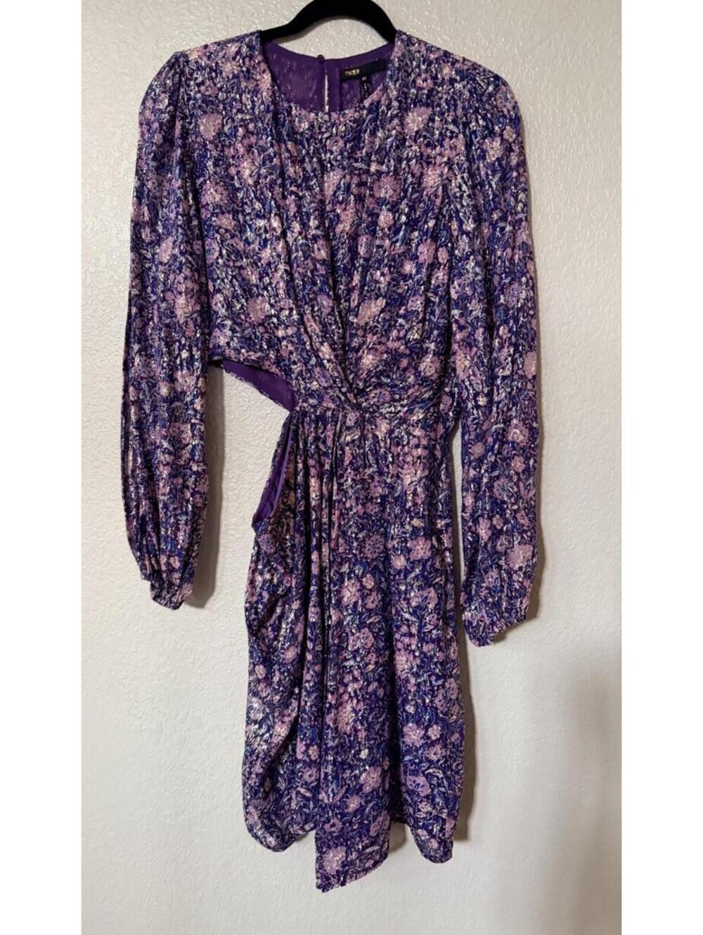 New Maje Metallic Printed Viscose Dress In Purple Size 42/ XL $535 - Picture 5 of 13